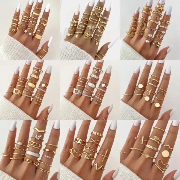 New Fashion Vintage Geometric Pearl Gold Plated Rings Set for Women Men Punk Butterfly Chain Knuckle Rings Trend Jewelry Gift - Image 6