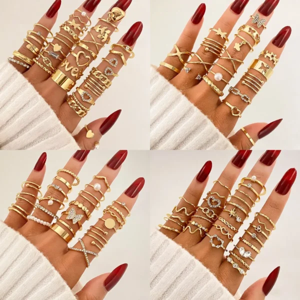 30PCS/Set Trendy Gold Love Heart Leaf Pearl Ring Set for Women Jewelry Punk Diamond Crystal Rhinestone Stackable Rings - Image 5