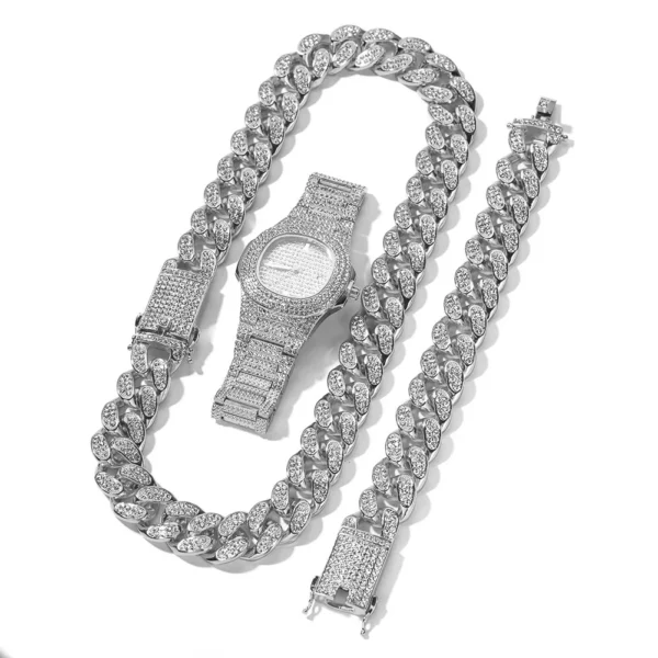Hip Hop Gold Rose Gold Cuban Link Chain Cuban Link Bracelet Necklace Iced Out Quartz Watches Woman and Men Jewelry Set Gift - Image 3