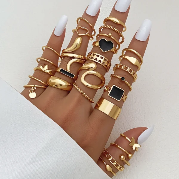 Fashion Gold Moon Snake Ring Vintage Punk Black Heart Butterfly Rings Set for Women Accessories Jewelry Gift - Image 2
