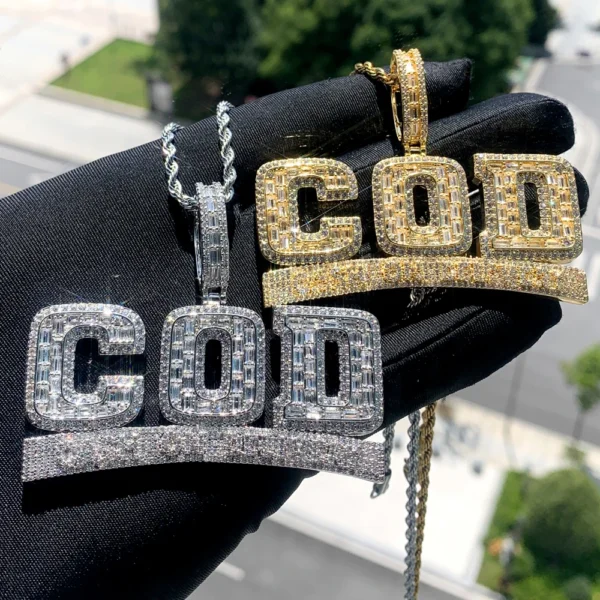 New Arrived Iced Out Bling CZ Letter Cash on Delivery COD Pendant Necklace Silver Gold Plated Men Hip Hop Jewelry