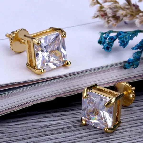 Hip Hop Rock Earring Gold/Silver Color Iced Out Big Micro Pave 8mm CZ Stone Lab D Stud Earrings With Screw Back for Male - Image 5