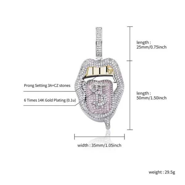 Tongue Shape Dollar Sign Iced Out Money Lips Pendants Hip Hop - Image 5