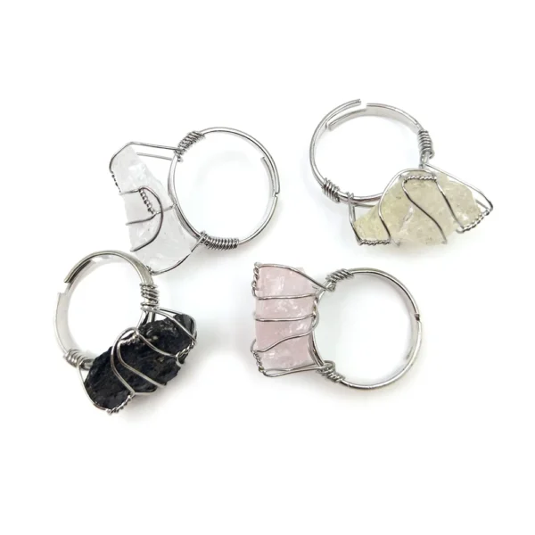 Natural Raw Crystal Jewellery Adjustable Spiritual Hand Wire Wrap Healing Ring Quartz Rough Stone Silver Plated Jewelry for Girl - Image 4