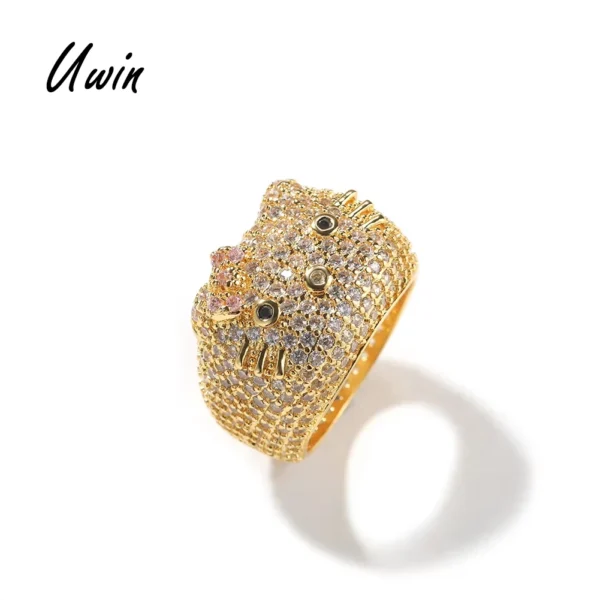 Sanrio Cartoon HK Cat Rings with Cat Face Ring Women 18K Gold Plated Iced Out 5A CZ Y2K Cute Jewelry Girls Ring