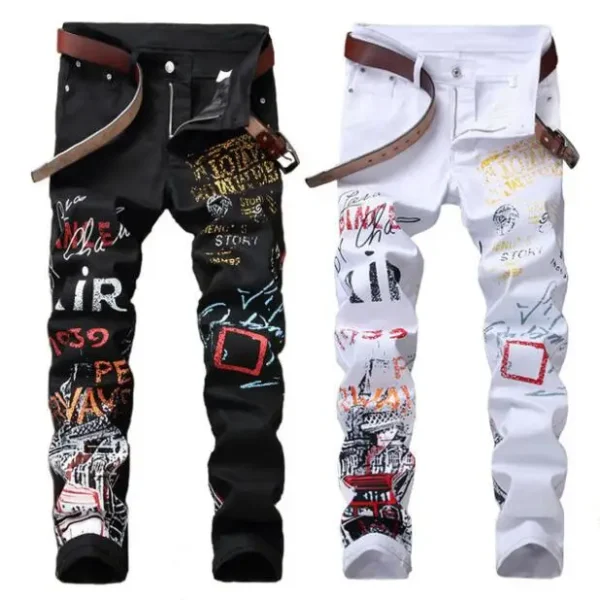 High Street Fashion Mens Jeans Night Club Black White Color Personal Designer Printed Jeans Men Punk Pants Skinny Hip Hop Jeans - Image 6