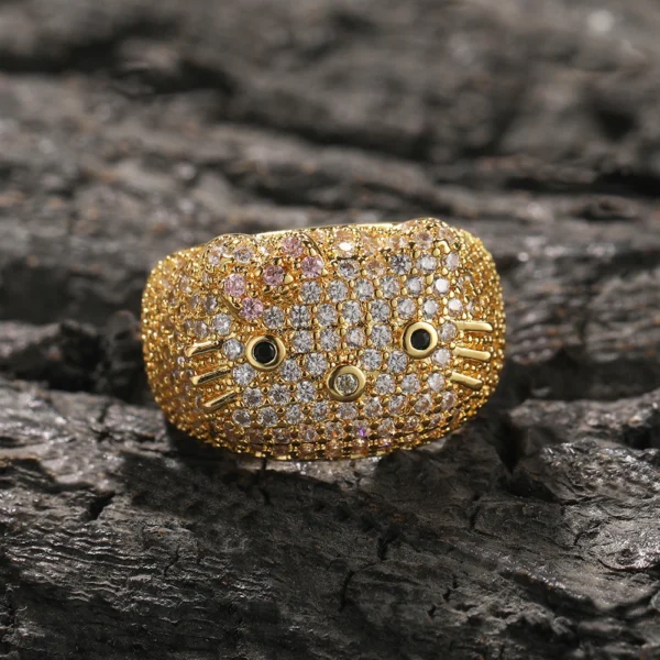 Sanrio Cartoon HK Cat Rings with Cat Face Ring Women 18K Gold Plated Iced Out 5A CZ Y2K Cute Jewelry Girls Ring - Image 3