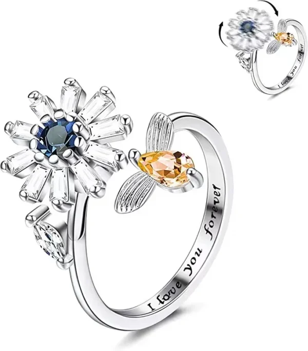 Rotatable Sunflower Ring Lettering Adjustable Anxiety Relief Open Rings Decompressed Zircon Spinner Ring - Image 5