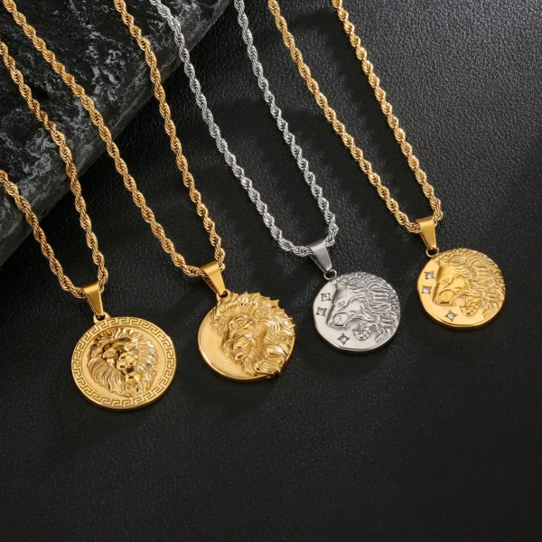 Coin Necklace 18K Gold Plated Compass Lion ST. CHRISTOPHER Jesus Cross Charm Stainless Steel Pendant Necklace for Women Men - Image 3