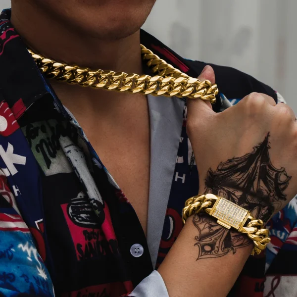 KRKC 14k 18k Gold Plated Stainless Steel Iced Out Diamond Buckle Hip Hop Jewelry Cuban Chain Necklace Men Miami Cuban Link Chain - Image 5