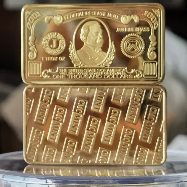 Brass Engraving 1 oz 999 Fine Brass Bullion $1000 USA Money Dollar Bill Bars B45B - Image 2