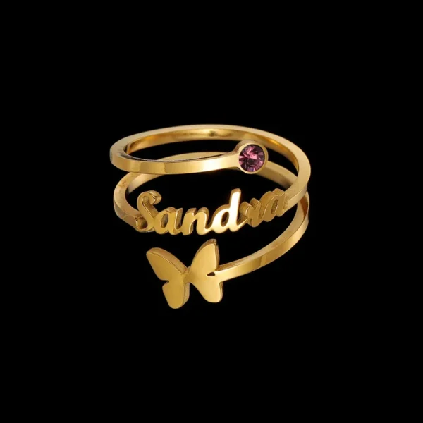 Qiuhan Three Layers Stainless Steel 18K Gold Butterfly 12 Month Birthstone Ring Personalized Name Birthstone Ring - Image 4