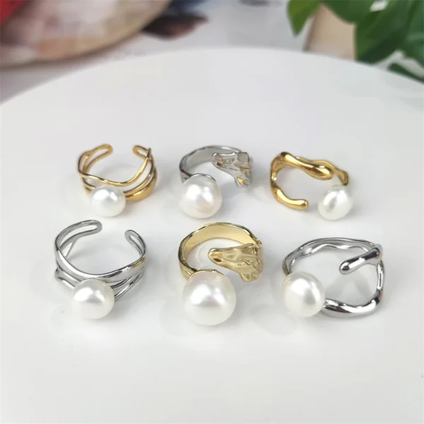 New Fashion Popular Natural FWP Stainless Steel Real Pearl Rings Tarnish Free Jewelry 18K Gold Plated Leaf Design Jewelry - Image 6