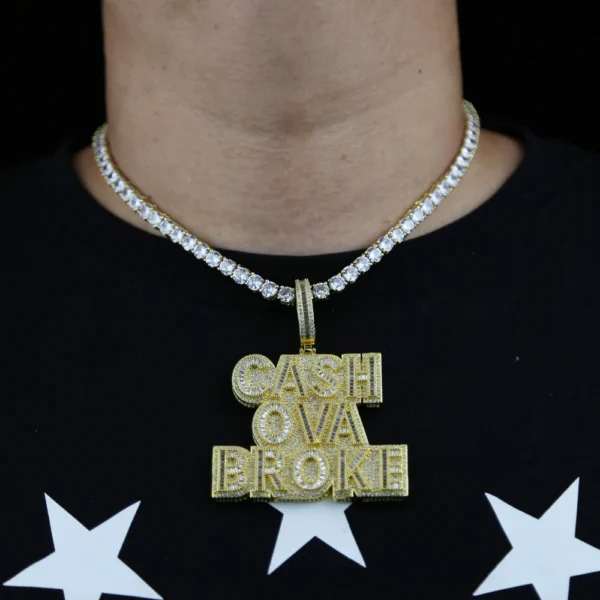 Hip Hop Men Cash Ova Broke Pendant Necklace Big CZ Letter Iced Out Bling 5A Silver Gold Plated Rock Punk Jewelry - Image 4