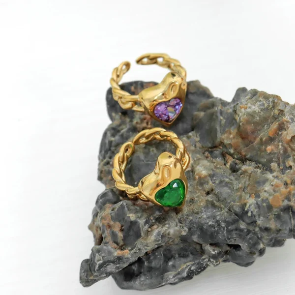 Wholesale Purple Zircon Ring Green Glass Heart Shaped Cuban Chain Stainless Steel 18K Gold Women Ring - Image 2