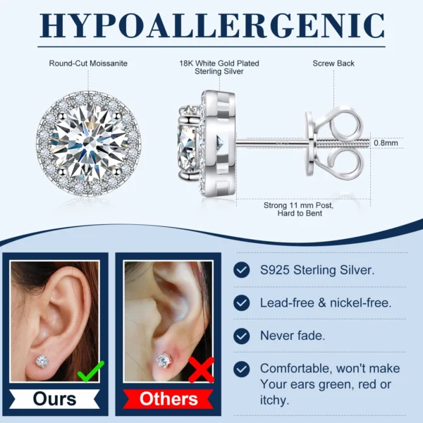 Fine Jewelry Screw Back Women Luxury Gold Plated 925 Sterling Silver Iced Out VVS Moissanite Diamond Halo Stud Earrings for Men - Image 3