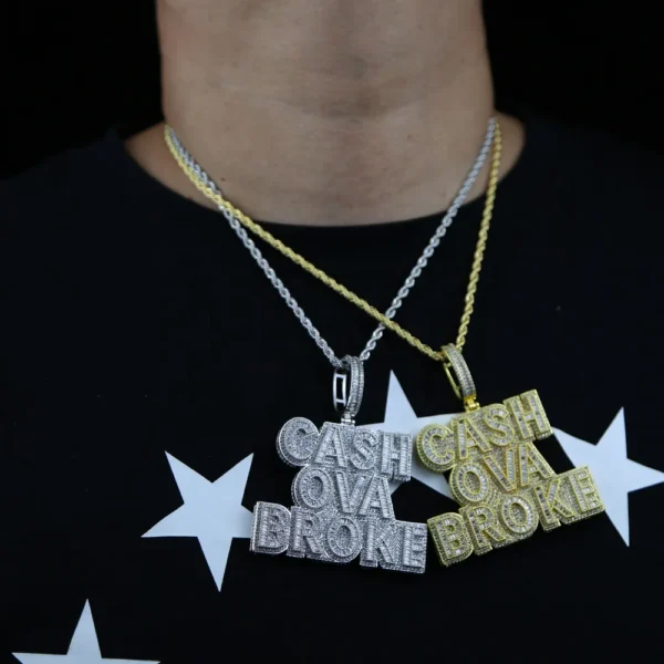 New Cash Ova Broke Pendant Necklace Hip Hop Rock Iced Out Bling 5A Zircon Silver Plated Cz Tennis Chain Letter Charm Men Jewelry - Image 4