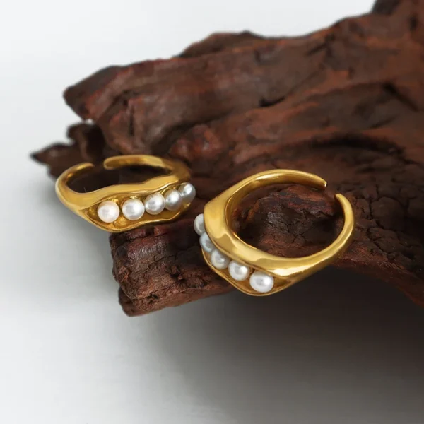 Fashion Pod Shaped Ring Baroque Freshwater Pearl Stainless Steel Gilded Ring - Image 5
