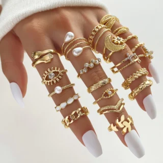 New Fashion Vintage Geometric Pearl Gold Plated Rings Set for Women Men Punk Butterfly Chain Knuckle Rings Trend Jewelry Gift