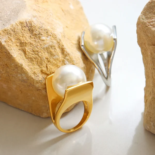 Wholesale High Quality Imitation Pearl Personality Design Unique Style Ring Stainless Steel Jewelry Ring - Image 2