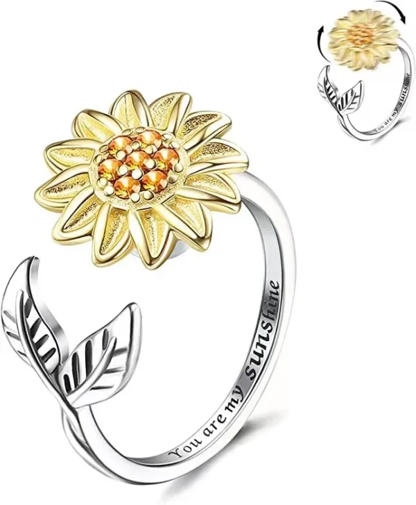 Rotatable Sunflower Ring Lettering Adjustable Anxiety Relief Open Rings Decompressed Zircon Spinner Ring - Image 2