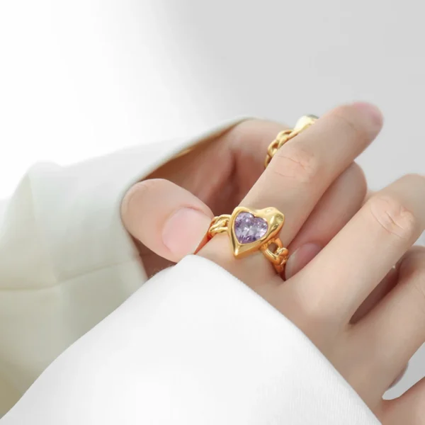 Wholesale Purple Zircon Ring Green Glass Heart Shaped Cuban Chain Stainless Steel 18K Gold Women Ring - Image 4