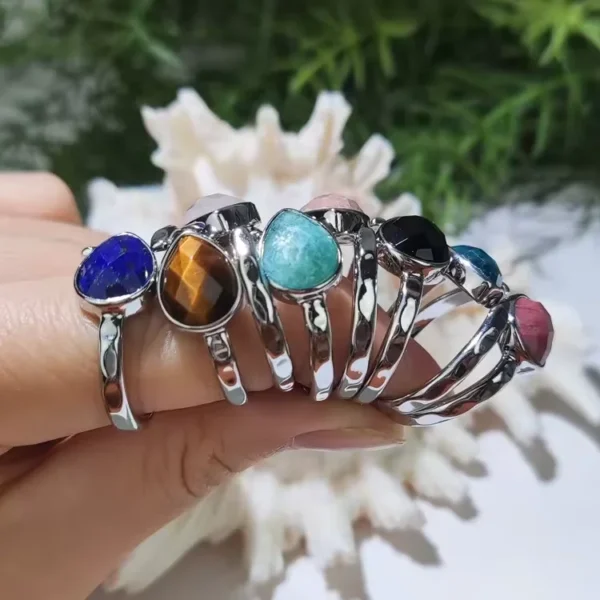 Manufacturer Customize Faceted Pear Tiger Eye Sunstone Healing Adjustable Tear Drop Gemstone Natural Stone Apatite Rings Jewelry - Image 6