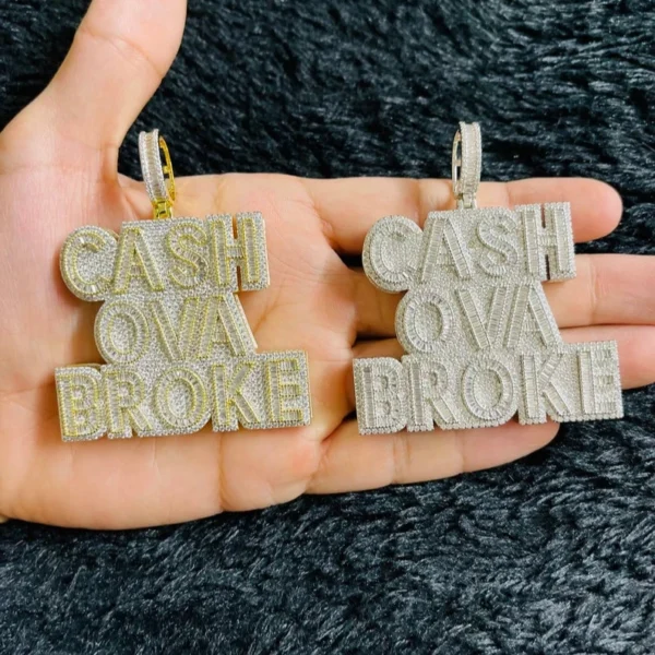 Hip Hop Men Cash Ova Broke Pendant Necklace Big CZ Letter Iced Out Bling 5A Silver Gold Plated Rock Punk Jewelry