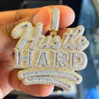 18K Gold Plated Bling Hip Hop Men Boy Jewelry Micro Pave Rectangle Cz Hustle Hard Letter Pendant Necklace