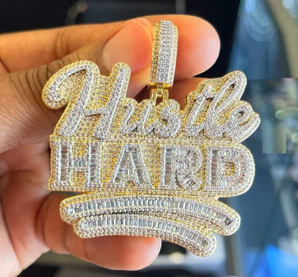 18K Gold Plated Bling Hip Hop Men Boy Jewelry Micro Pave Rectangle Cz Hustle Hard Letter Pendant Necklace