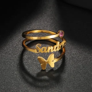Qiuhan Three Layers Stainless Steel 18K Gold Butterfly 12 Month Birthstone Ring Personalized Name Birthstone Ring