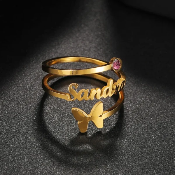 Qiuhan Three Layers Stainless Steel 18K Gold Butterfly 12 Month Birthstone Ring Personalized Name Birthstone Ring