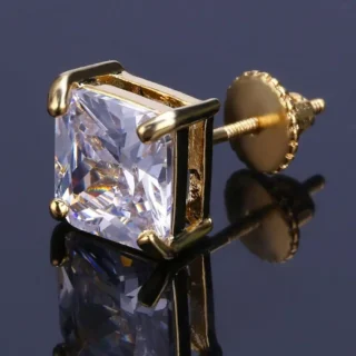 Hip Hop Rock Earring Gold/Silver Color Iced Out Big Micro Pave 8mm CZ Stone Lab D Stud Earrings With Screw Back for Male