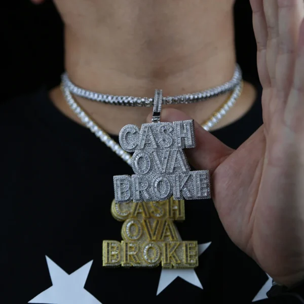 Hip Hop Men Cash Ova Broke Pendant Necklace Big CZ Letter Iced Out Bling 5A Silver Gold Plated Rock Punk Jewelry - Image 2