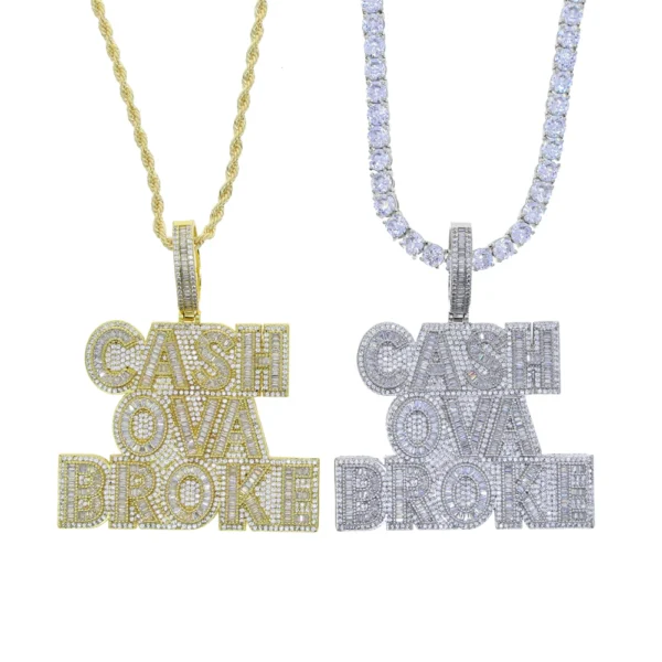 Hip Hop Men Cash Ova Broke Pendant Necklace Big CZ Letter Iced Out Bling 5A Silver Gold Plated Rock Punk Jewelry - Image 6