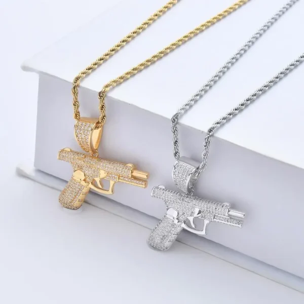 Trendy Men's Gold-Plated Hip Hop Necklace with Iced CZ Gun Diamond Pistol Pendant Chic Zircon Charm for Weddings and Parties - Image 4