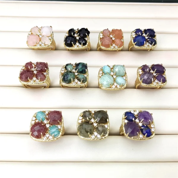 Fashion Amethyst Crystal Quartz Design Turquoise Cz Pave Rings Wholesale Adjustable Stones Gold Ring Amazonite Jewlery for Women