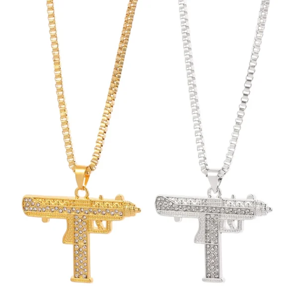 Fashion Uzi Gun Pendant Necklace Gold Silver Full Crystal Bling Chain Hip Hop Cyclist Accessories Male Necklace Jewelry - Image 6