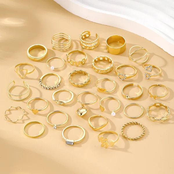 30PCS/Set Trendy Gold Love Heart Leaf Pearl Ring Set for Women Jewelry Punk Diamond Crystal Rhinestone Stackable Rings - Image 4