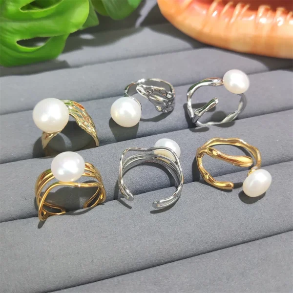 New Fashion Popular Natural FWP Stainless Steel Real Pearl Rings Tarnish Free Jewelry 18K Gold Plated Leaf Design Jewelry
