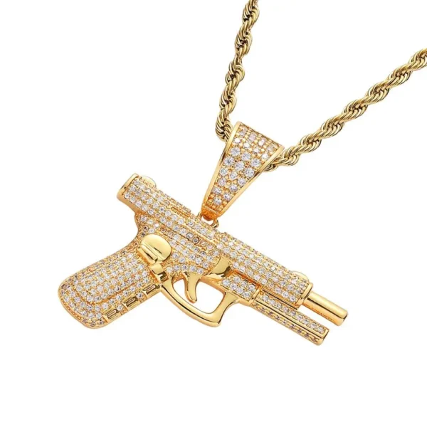 Trendy Men's Gold-Plated Hip Hop Necklace with Iced CZ Gun Diamond Pistol Pendant Chic Zircon Charm for Weddings and Parties - Image 2