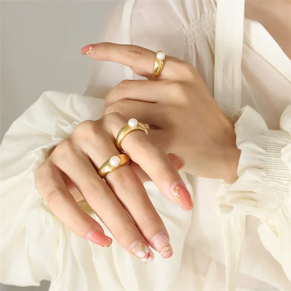 Advanced Sensory French Style Design Women Jewelry Pearl Titanium Steel Opening Adjustable 18K Gold Plated Ring - Image 5