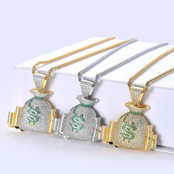 Gold Plated Iced Out Micro Inlaid Zircon Dollar Sign Money Bag Pendants Lucky Bag Necklace for Men Rapper Jewelry Hip Hop - Image 4