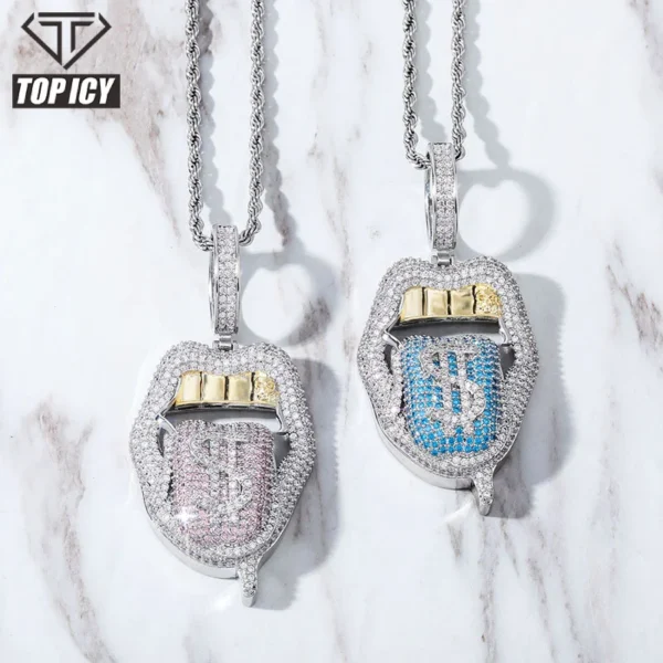Tongue Shape Dollar Sign Iced Out Money Lips Pendants Hip Hop - Image 6