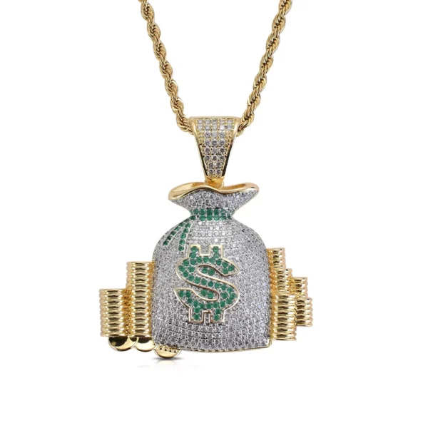 Gold Plated Iced Out Micro Inlaid Zircon Dollar Sign Money Bag Pendants Lucky Bag Necklace for Men Rapper Jewelry Hip Hop - Image 2