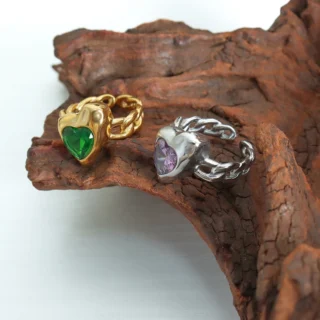 Wholesale Purple Zircon Ring Green Glass Heart Shaped Cuban Chain Stainless Steel 18K Gold Women Ring