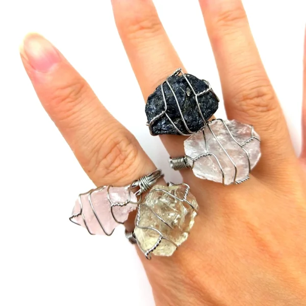 Natural Raw Crystal Jewellery Adjustable Spiritual Hand Wire Wrap Healing Ring Quartz Rough Stone Silver Plated Jewelry for Girl - Image 2