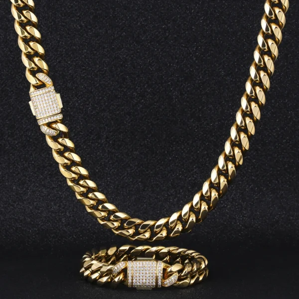 KRKC 14k 18k Gold Plated Stainless Steel Iced Out Diamond Buckle Hip Hop Jewelry Cuban Chain Necklace Men Miami Cuban Link Chain - Image 6