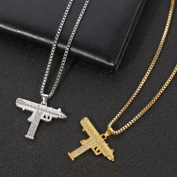 Fashion Uzi Gun Pendant Necklace Gold Silver Full Crystal Bling Chain Hip Hop Cyclist Accessories Male Necklace Jewelry - Image 2