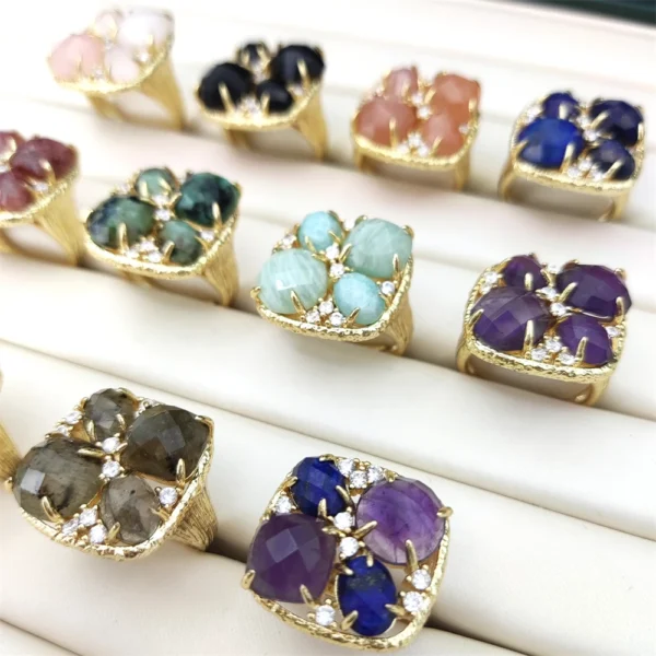 Fashion Amethyst Crystal Quartz Design Turquoise Cz Pave Rings Wholesale Adjustable Stones Gold Ring Amazonite Jewlery for Women - Image 2